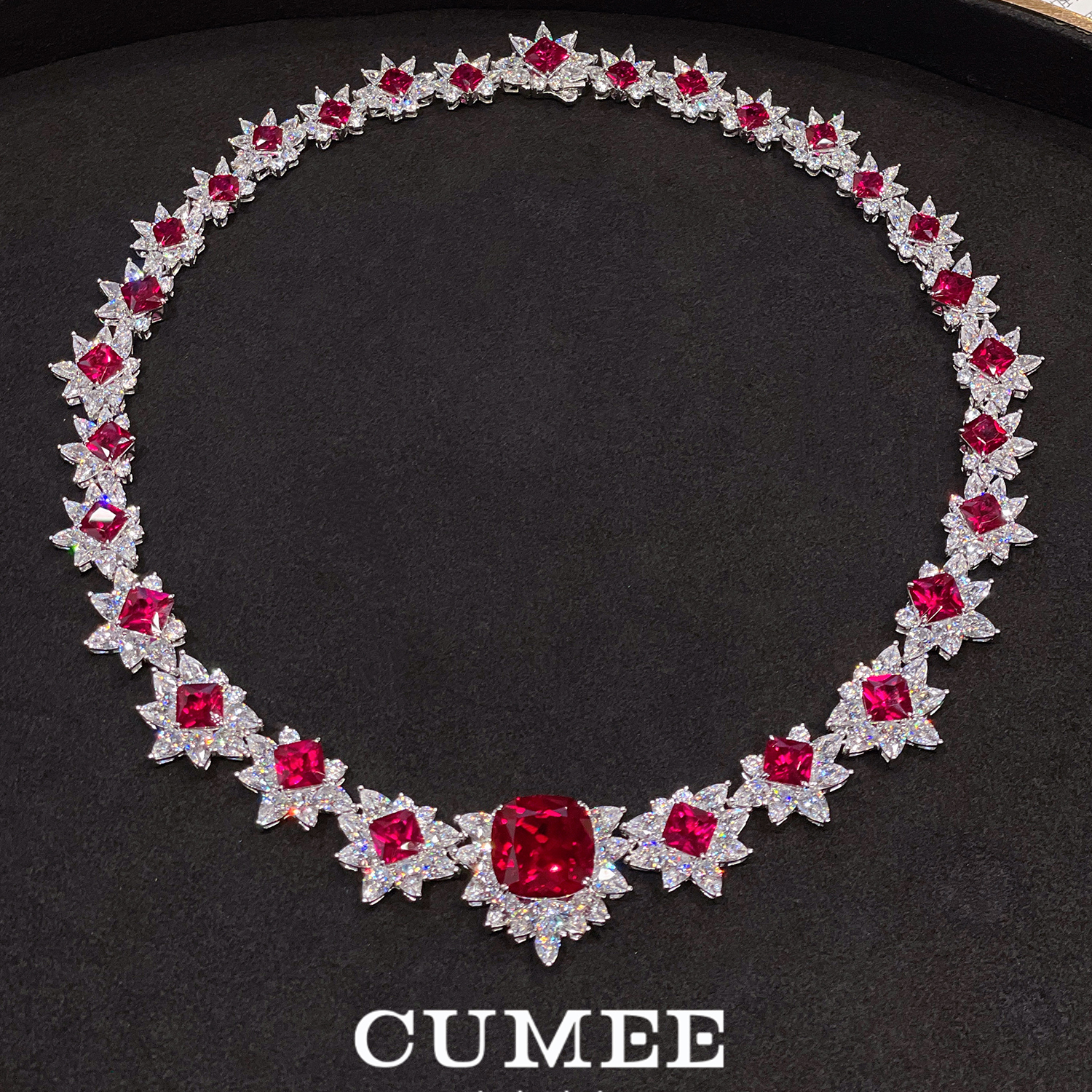 CUMEE 欧美高定鸽血红锁骨链 培育合成红宝石女项链.银镀金