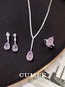 简约晚宴款 大克拉水滴人工粉钻戒指耳坠.银镀金