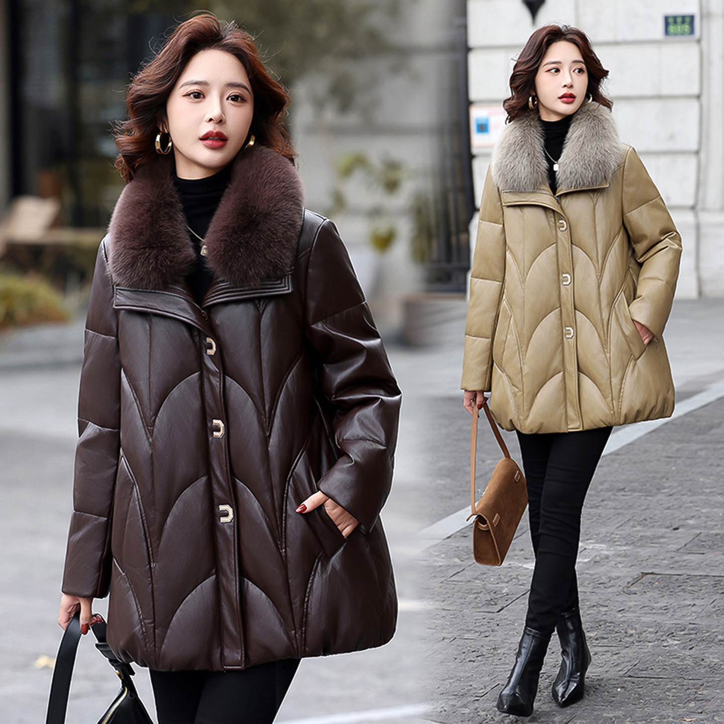 轻奢老钱风绵羊皮狐狸毛领羽绒服