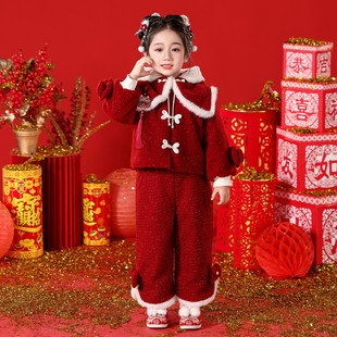 女童拜年服套装加绒加厚宝宝一周岁新年礼服冬季儿童过年喜庆衣服