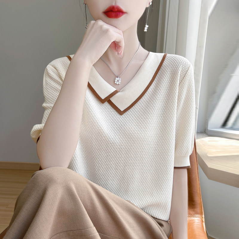 2025新款夏季天丝针织短袖女设计感小众上衣条纹t恤女款YD410