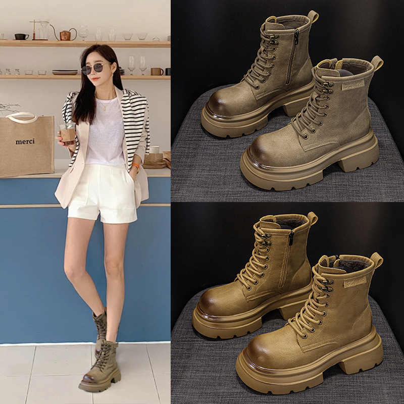 厚底皮面马丁靴女2025秋季新款休闲时尚百搭复古短靴大头中筒女靴