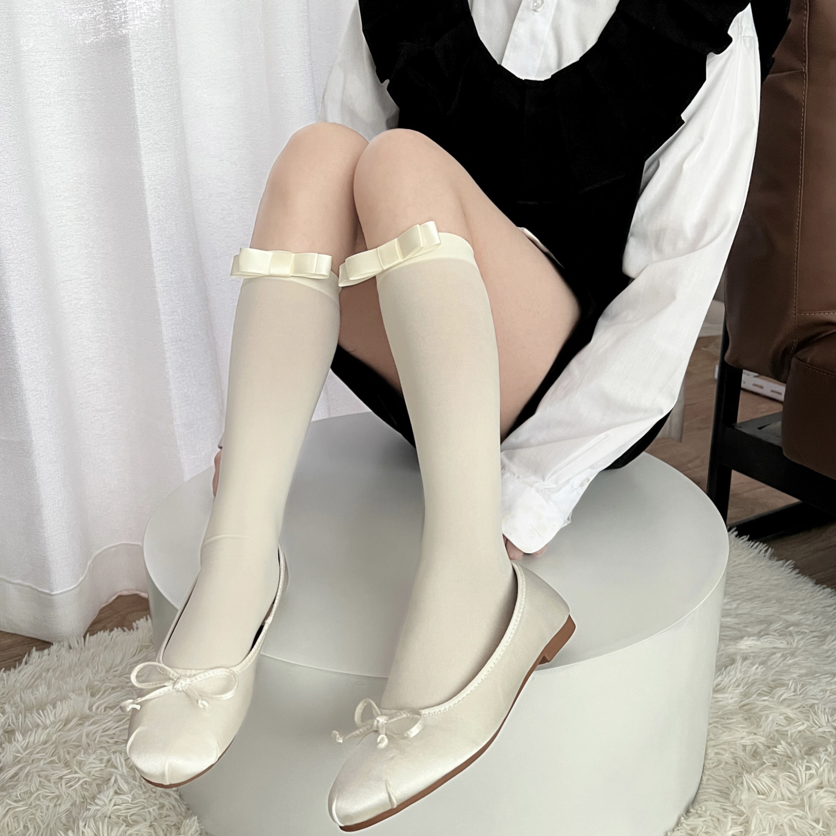 芭蕾舞风纯色jk中筒袜日系蝴蝶结过膝袜lolita白色堆堆小腿袜女夏
