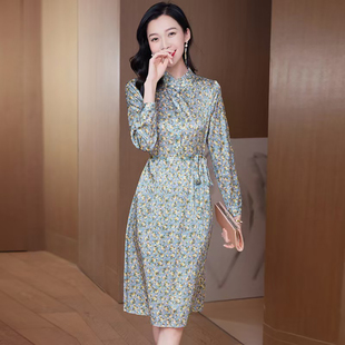 真丝桑蚕丝碎花长袖连衣裙夏季薄款立领连衣裙女高端轻奢高级感