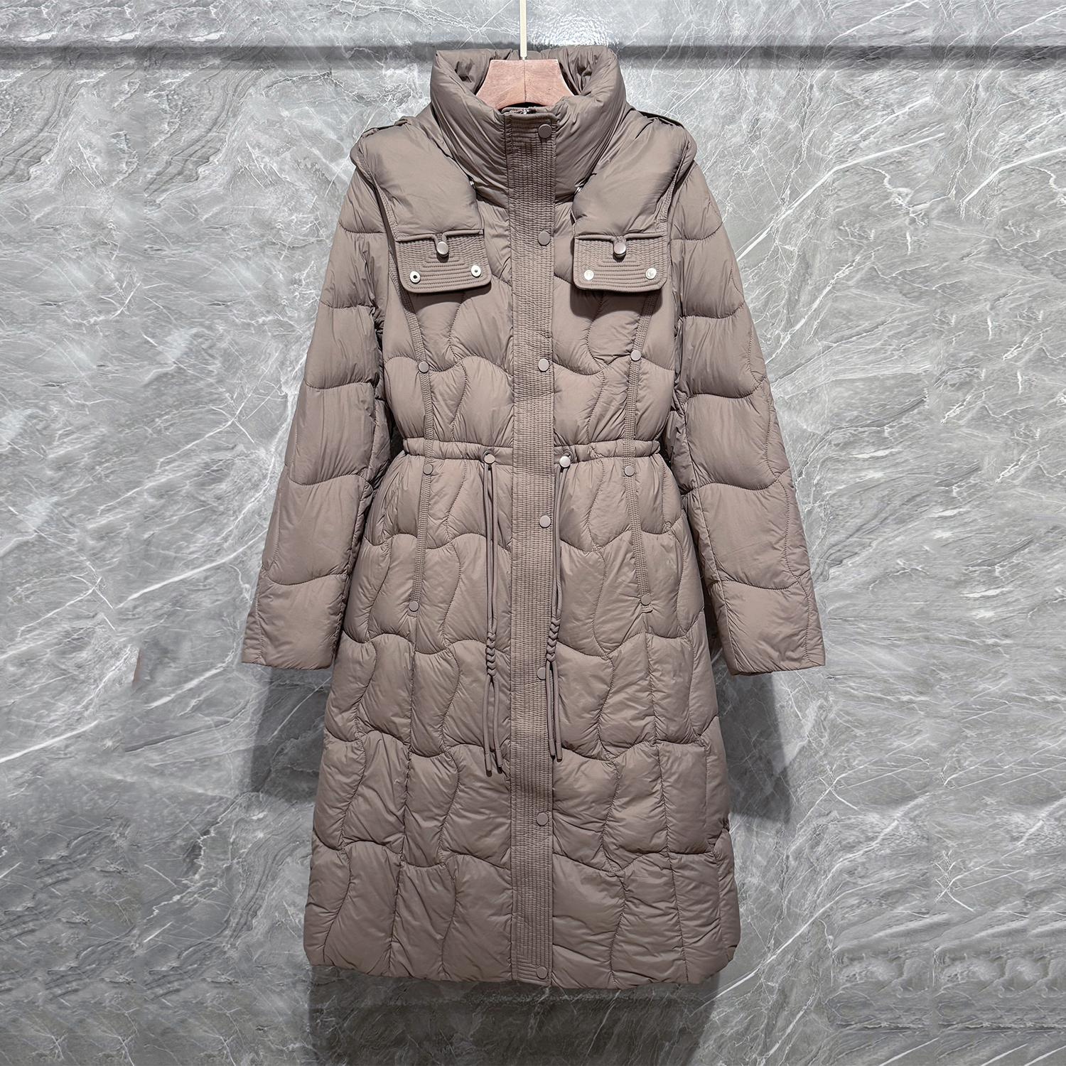 高端90白鸭绒过膝长款保暖羽绒服