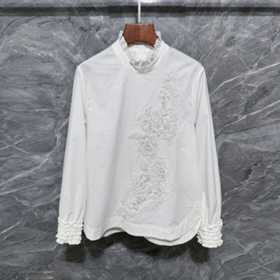 高端欧货新款木耳花边钉珠衬衫刺绣宽松立领纯棉长袖休闲风上衣女