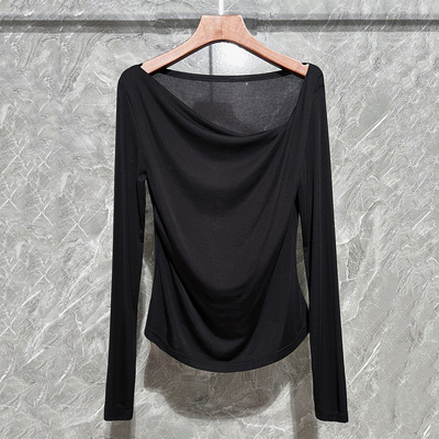 斜领不规则长袖露肩打底衫女