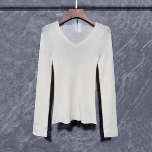 100细羊毛V领打底衫女宽松休闲通勤薄毛衣扬子纱薄款精纺针织衫