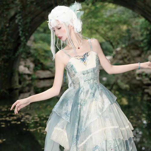 【草叶瓷】全款现货 中华风lolita正腰不规则印花吊带连衣裙JSK