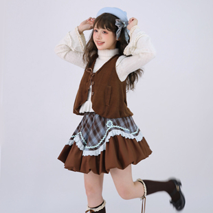 【熊熊生巧】格纹花苞裙SK预约链接-秋冬棕色可爱短裙青LO原创