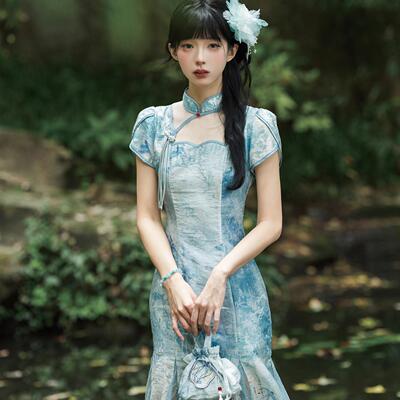 【草叶瓷】全款现货- 青lo原创新中式改良旗袍鱼尾下摆印花千金感