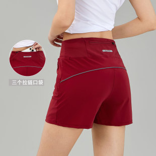 运动短裤女冰丝速干夏季后腰拉链手机口袋瑜伽健身跑步四分裤高腰