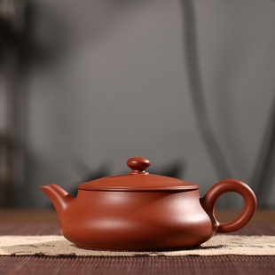 陶潮文创潮州原矿朱泥纯手工超薄胎扁明炉壶三杯冲工夫茶泡茶壶