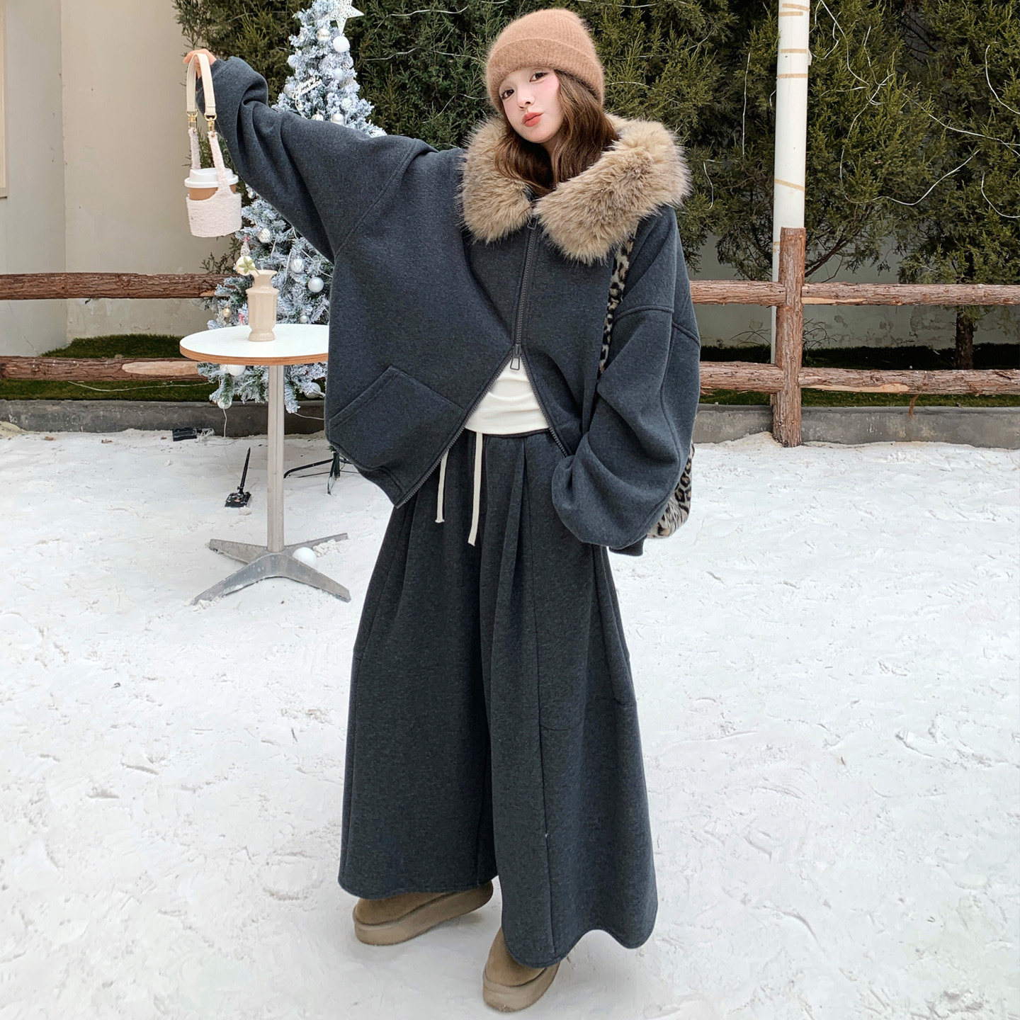 慵懒风可脱卸毛毛领开衫两件套女冬季2025年新款高级感阔腿裤套装,女装套装/套裙,2C100