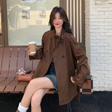 美拉德棕色中长款立领麂皮风衣外套女秋2025新款英伦风高级感大衣，女装风衣，2C100