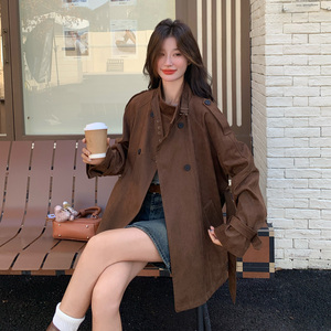 美拉德棕色中长款立领麂皮风衣外套女秋2025新款英伦风高级感大衣图片