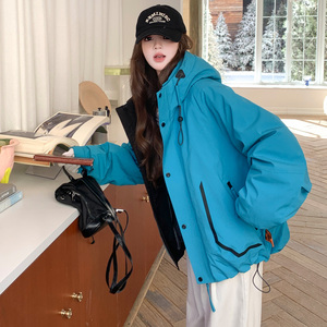 蓝色工装羽绒服女2025冬季新款韩系慵懒风连帽派克服加厚保暖外套图片