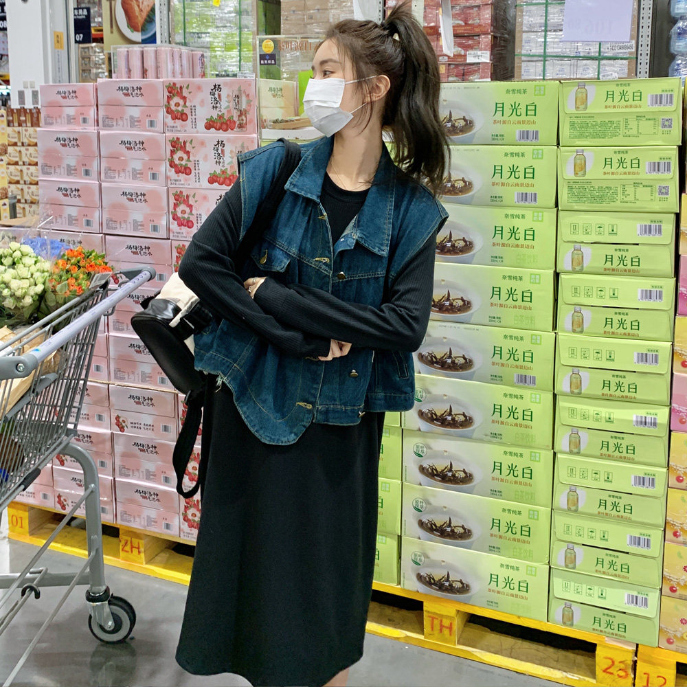 现货内有买家秀2025秋高品质牛仔马甲搭连衣裙套装8016P165控218,女装套装/套裙,2C100