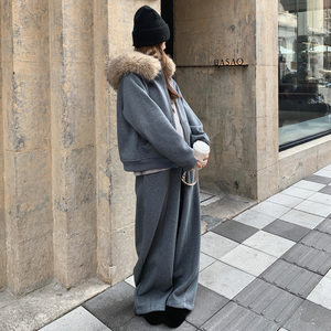 韩版大毛领连帽卫衣套装女2025冬季新款加绒加厚阔腿裤两件套休闲图片