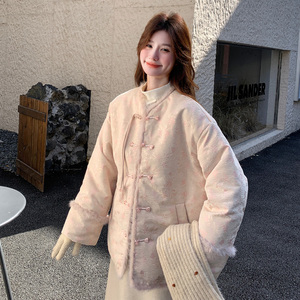浅粉色国风印花短款羽绒服女冬季高级感气质加厚保暖90白鸭绒外套图片