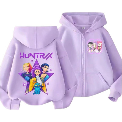 秋冬季Kpop猎魔女团卡通印花儿童保暖拉链帽衫男女童时尚休闲卫衣