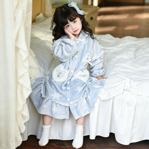 新款女童秋冬艾莎睡袍保暖家居服睡衣套装儿童睡袍童装法兰绒睡裙