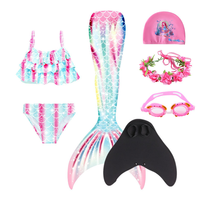 美人鱼泳彩虹比基尼泳衣儿童温泉泳装女童游泳衣裤套装