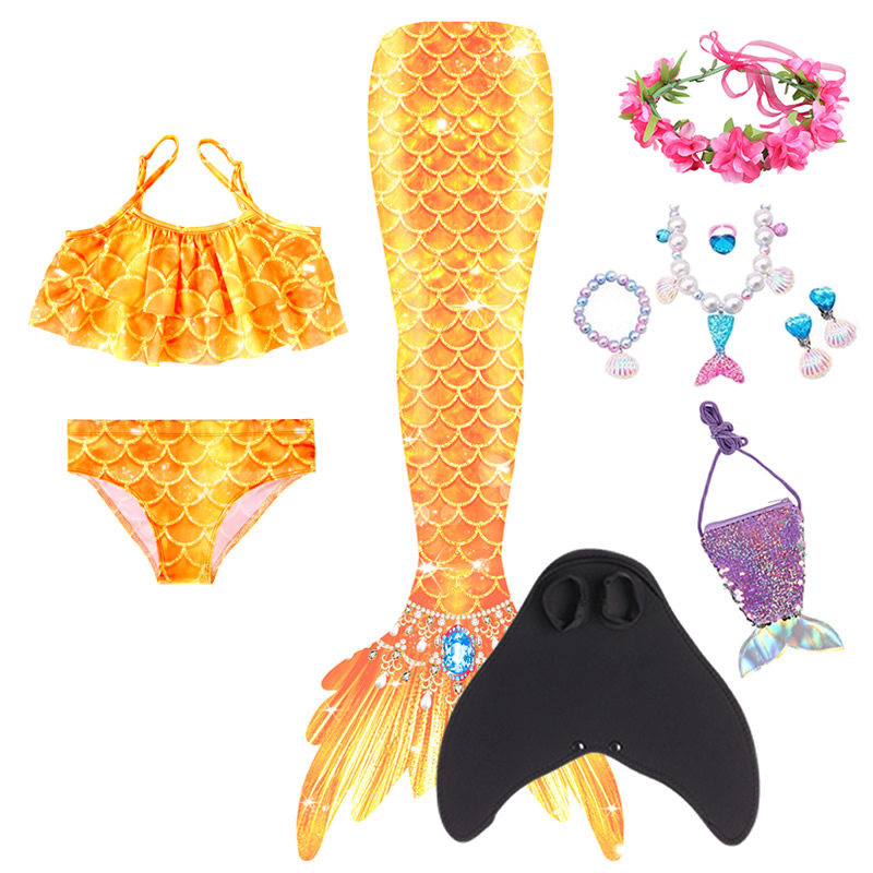 女童美人鱼泳衣美人鱼尾巴三件套跨境速干游泳衣大尾巴可放脚蹼新