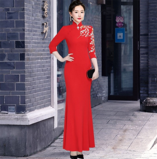 走秀鱼尾款旗袍女改良版高端气质演出服中国风优雅长款连衣裙秋冬