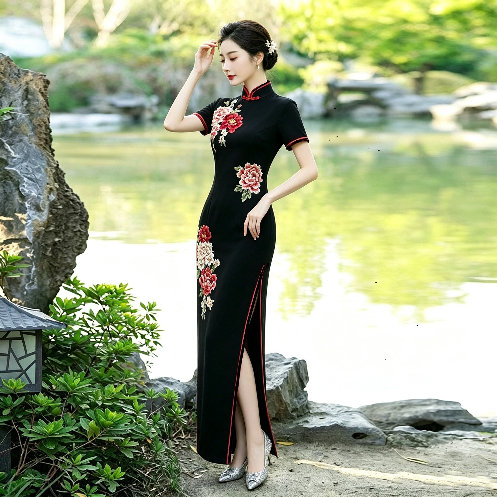 黑色刺绣改良旗袍礼服连衣裙