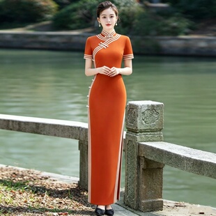 复古风演出旗袍短袖女修身气质中国风日常新中式大码长款走秀旗袍