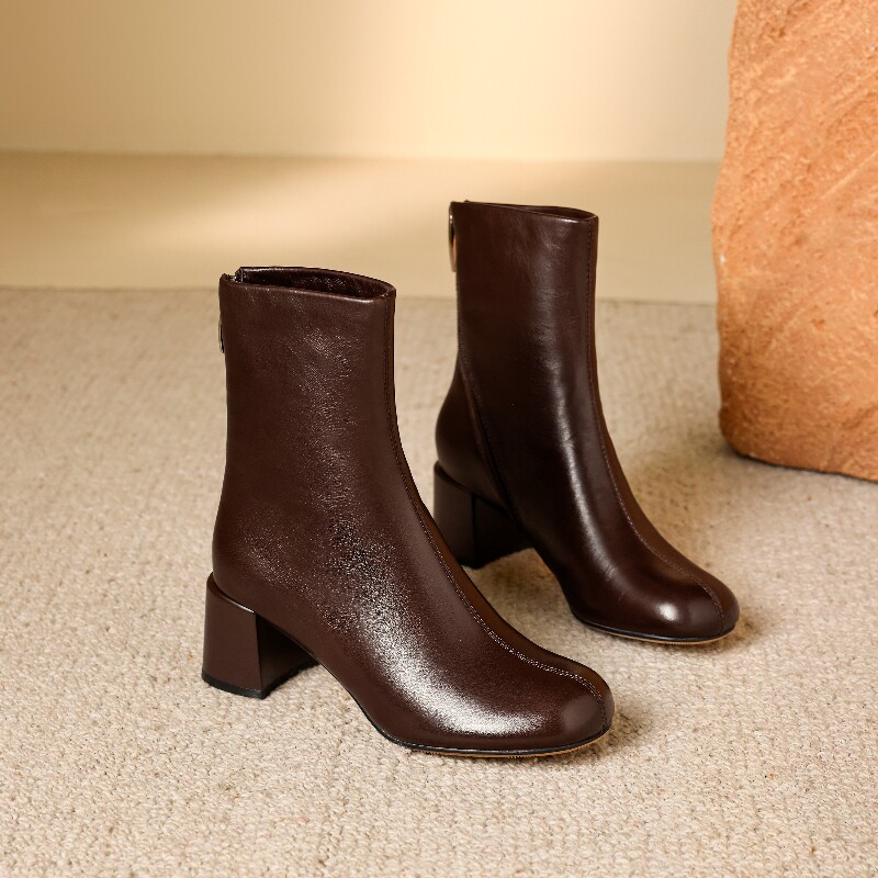 BAFFN/芭芬25秋冬新简奢羊皮圆翘头通勤高跟短靴6CM复古咖棕