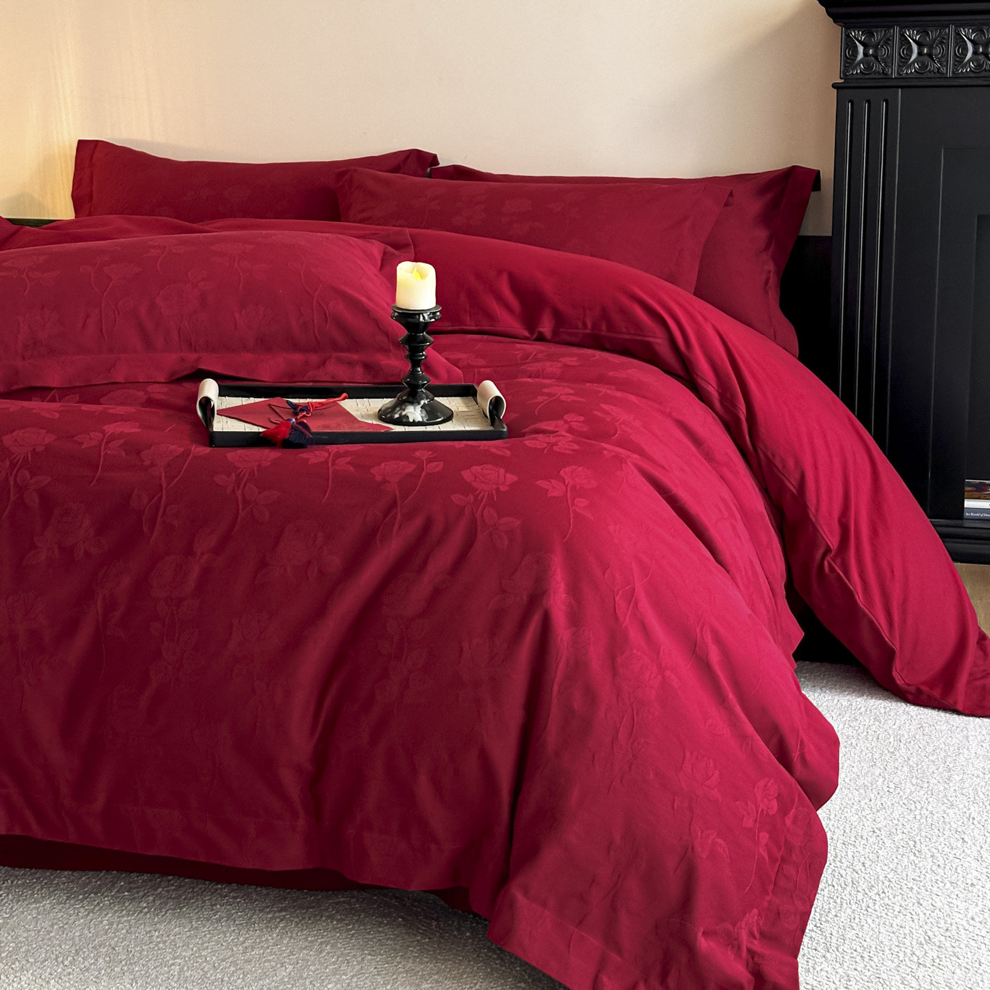 轻奢大红婚庆全棉磨毛四件套双人玫瑰纯棉被罩床上用品情侣2x2.3m