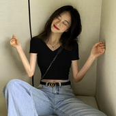 纯棉正肩高腰露脐上衣修身 t恤女夏天2026新款 显瘦 短袖 v领黑色短款