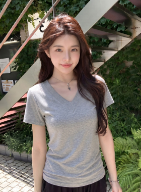 螺纹灰色V领短袖t恤女夏季2026新款修身显瘦正肩百搭半袖气质上衣