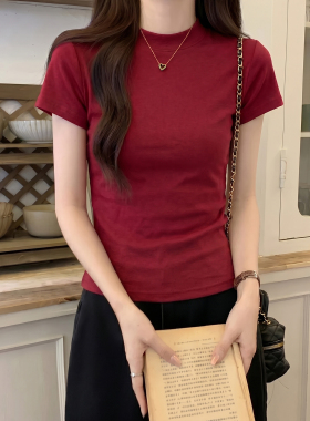 修身红色半高领短袖t恤女夏季2026新款螺纹正肩显瘦气质半袖上衣