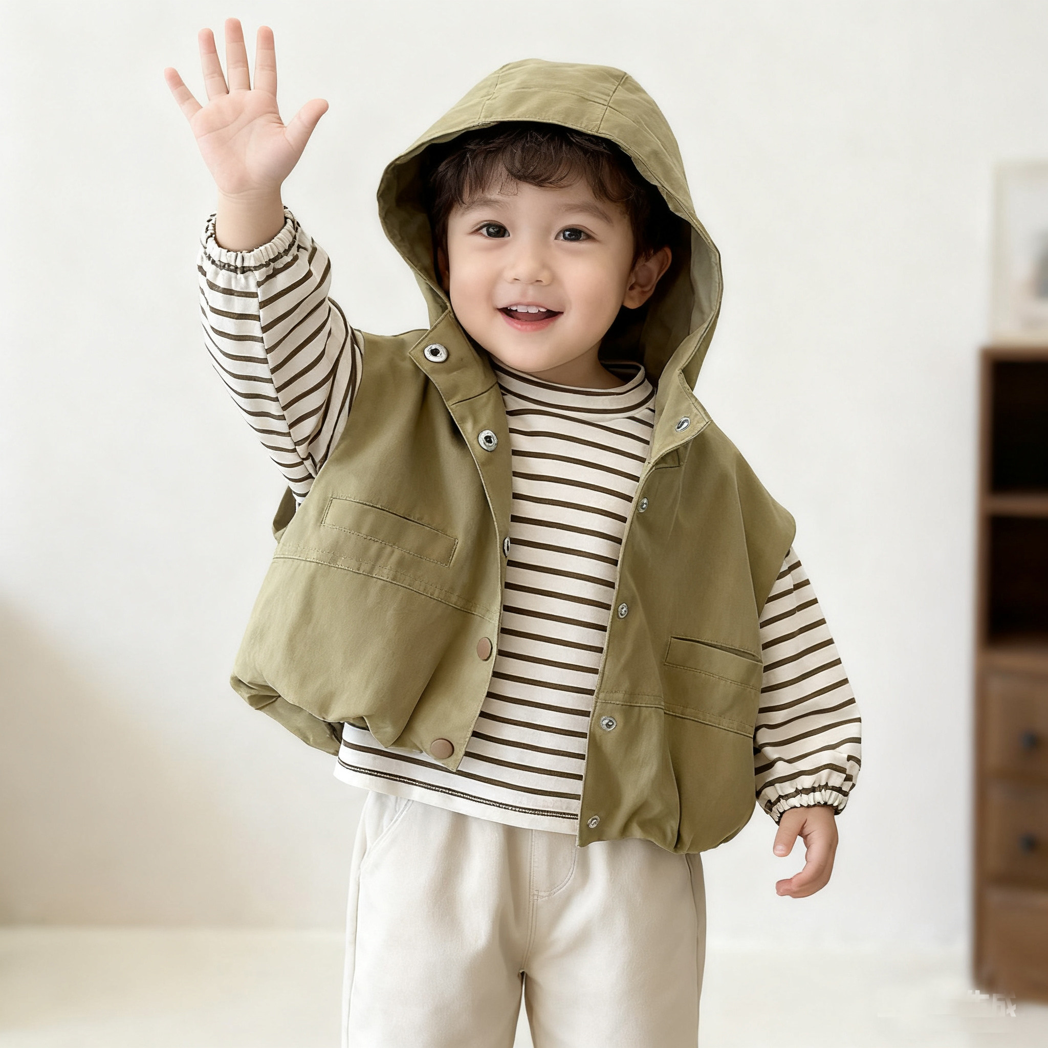 儿童春秋男童2025套装秋装新款工装连帽马甲条纹韩版三件套