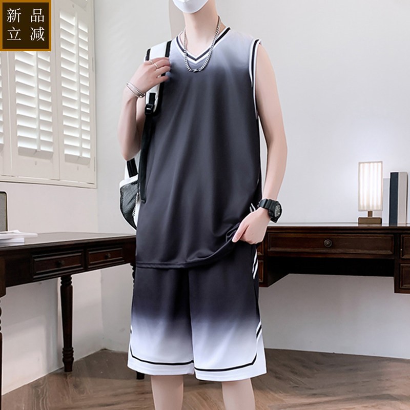 夏季冰丝运动套装男青少年无袖t恤学生夏装训练大码速干篮球衣服