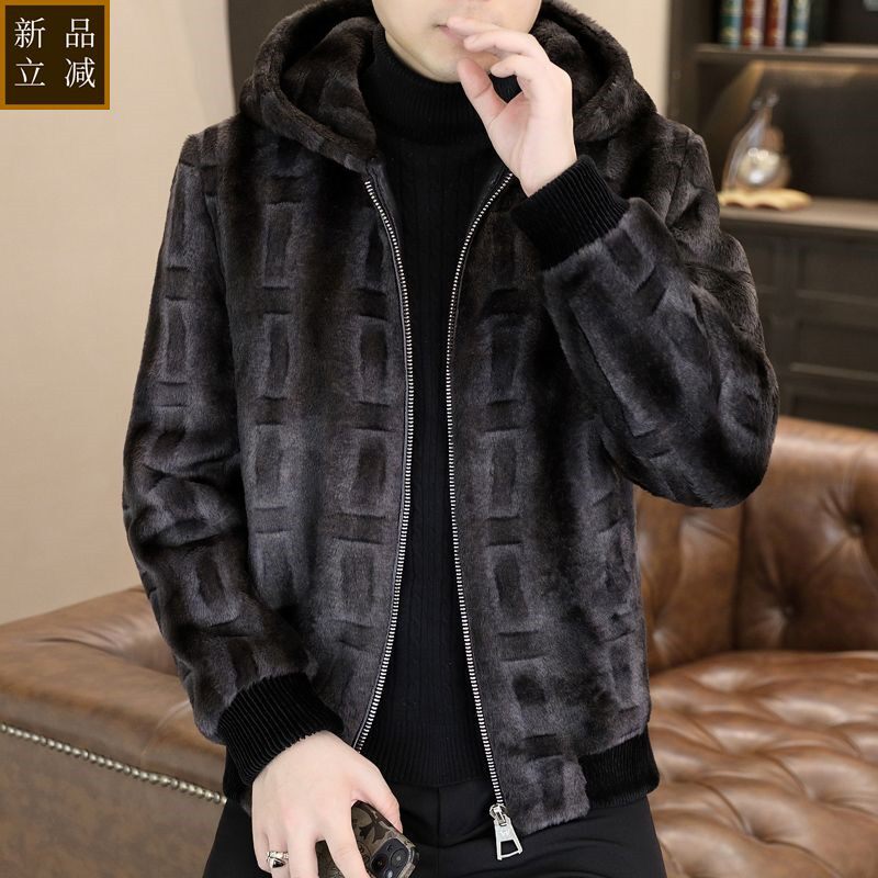 品质冬季加厚格子连帽外套短款金貂绒大衣男拉链呢子夹克仿皮草外