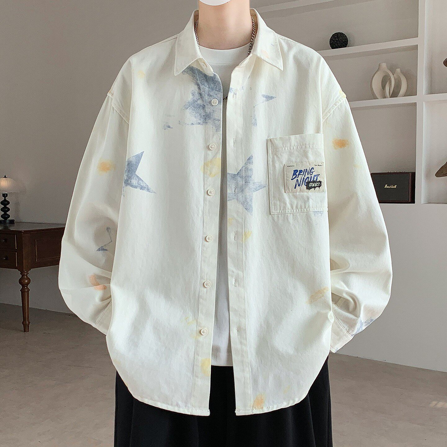 衬衫式外套男春秋新款个性涂鸦长袖衬衣男女同款休闲宽松百搭夹克
