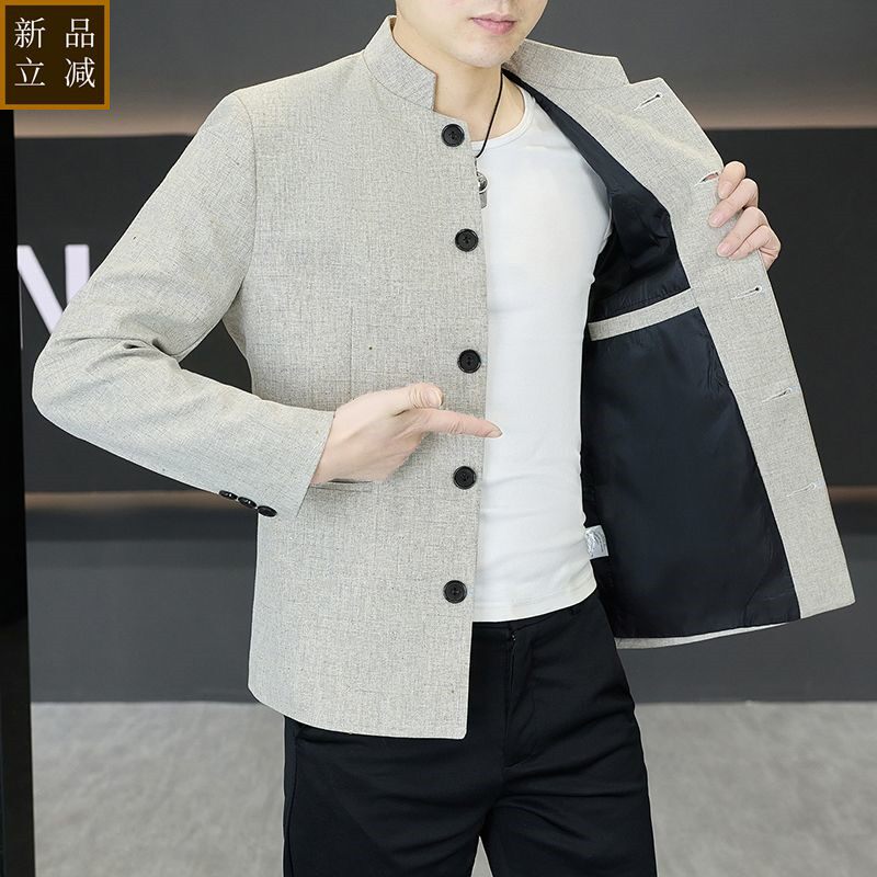 品质新中式帅气小西装男士日常中山装外套上衣潮流男装休闲西服职