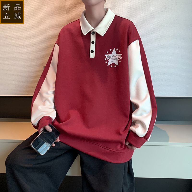 品质春秋款撞色拼接长袖t恤男宽松Polo卫衣帅气学院风打底衫T翻领
