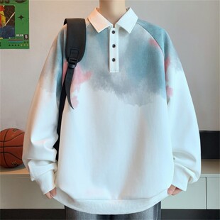 加绒渐变加厚翻领卫衣男生秋冬季潮流帅气百搭青少年保暖长袖上衣