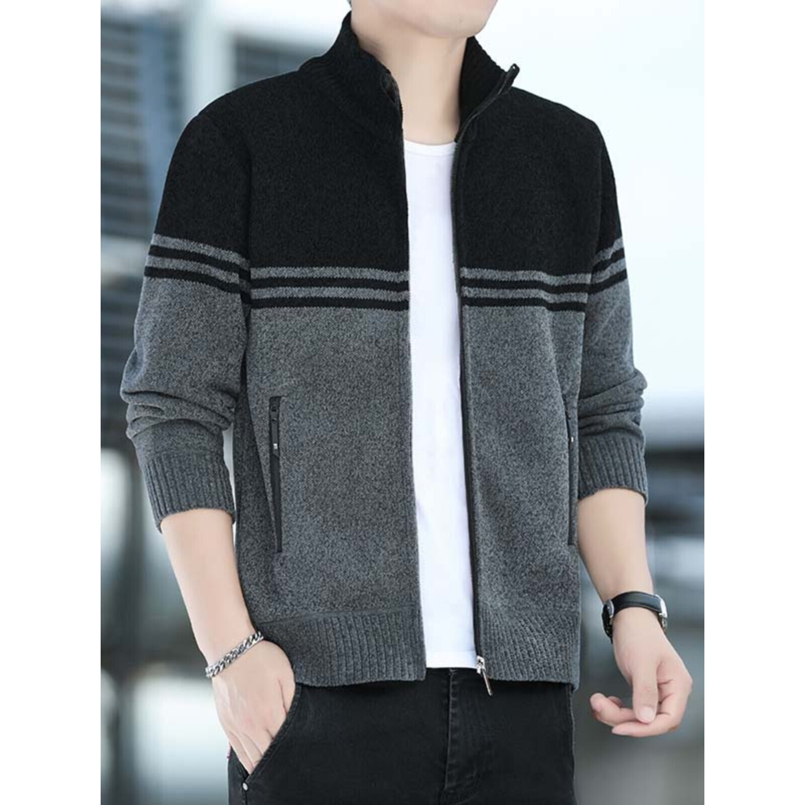 立领拉链针织开衫外套男士秋冬季加绒加厚毛衣男款休闲外搭毛线衣