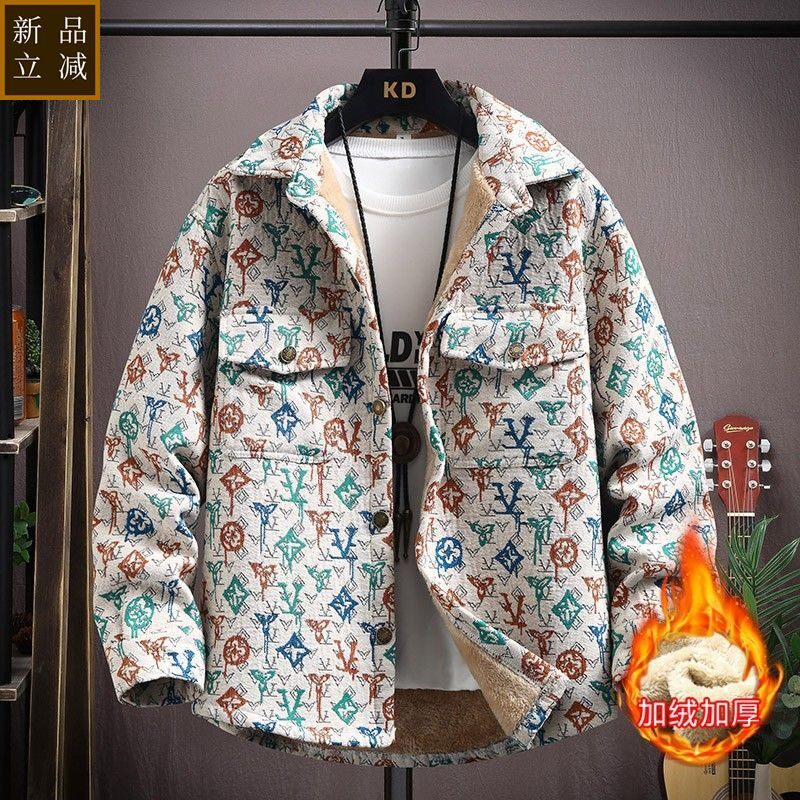 品质秋冬季加绒加厚翻领夹克男士潮流韩版修身个性碎花休闲衬衫式