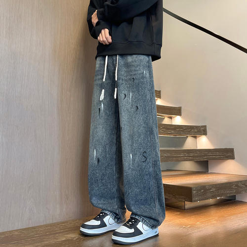 春秋款牛仔裤子男孩青少年初中高中学生帅气大童阔腿直筒休闲长裤