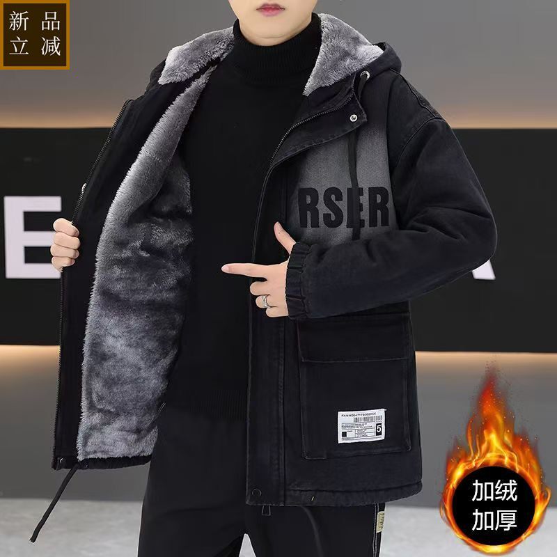 品质冬季棉衣男连帽加绒加厚中长款印花水洗牛仔棉服袄子冬装外套