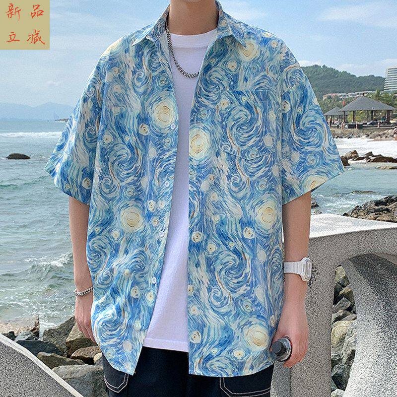 冰丝衬衫男短袖夏季宽松休闲设计感上衣男生潮牌海边度假花衬衣服