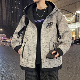 撞色拼接外套男春秋季新款美式风毛呢子春装衣服青少年连帽夹克男