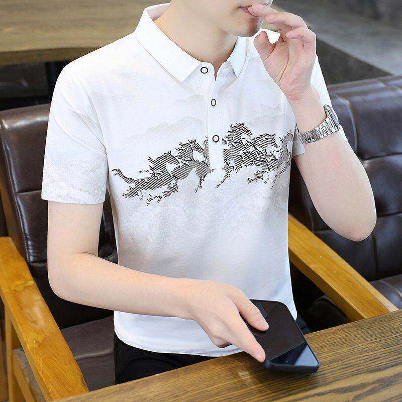 男短袖夏季高端修身翻领t恤潮牌上衣服轻奢国风八骏图印花polo衫